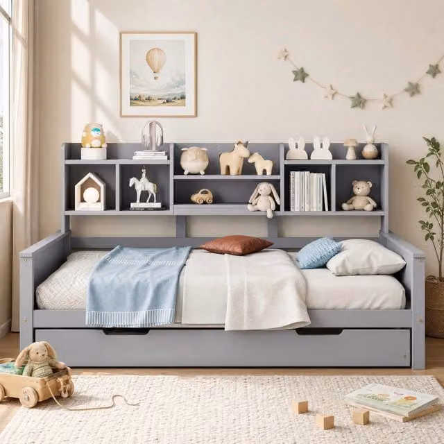 Letto da giorno ULEVR 90x200 cm con letto estraibile 90x190 cm, vani portaoggetti e rete a doghe, grigio