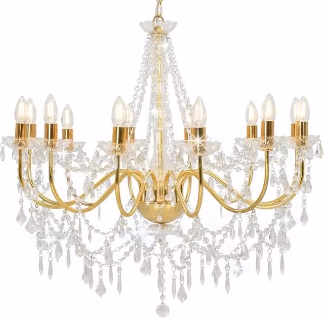 Lampadario in stile antico HELLOSHOP26 con perline in cristallo e struttura in metallo oro, L: 80 cm, P: 40 cm, H: 75 cm