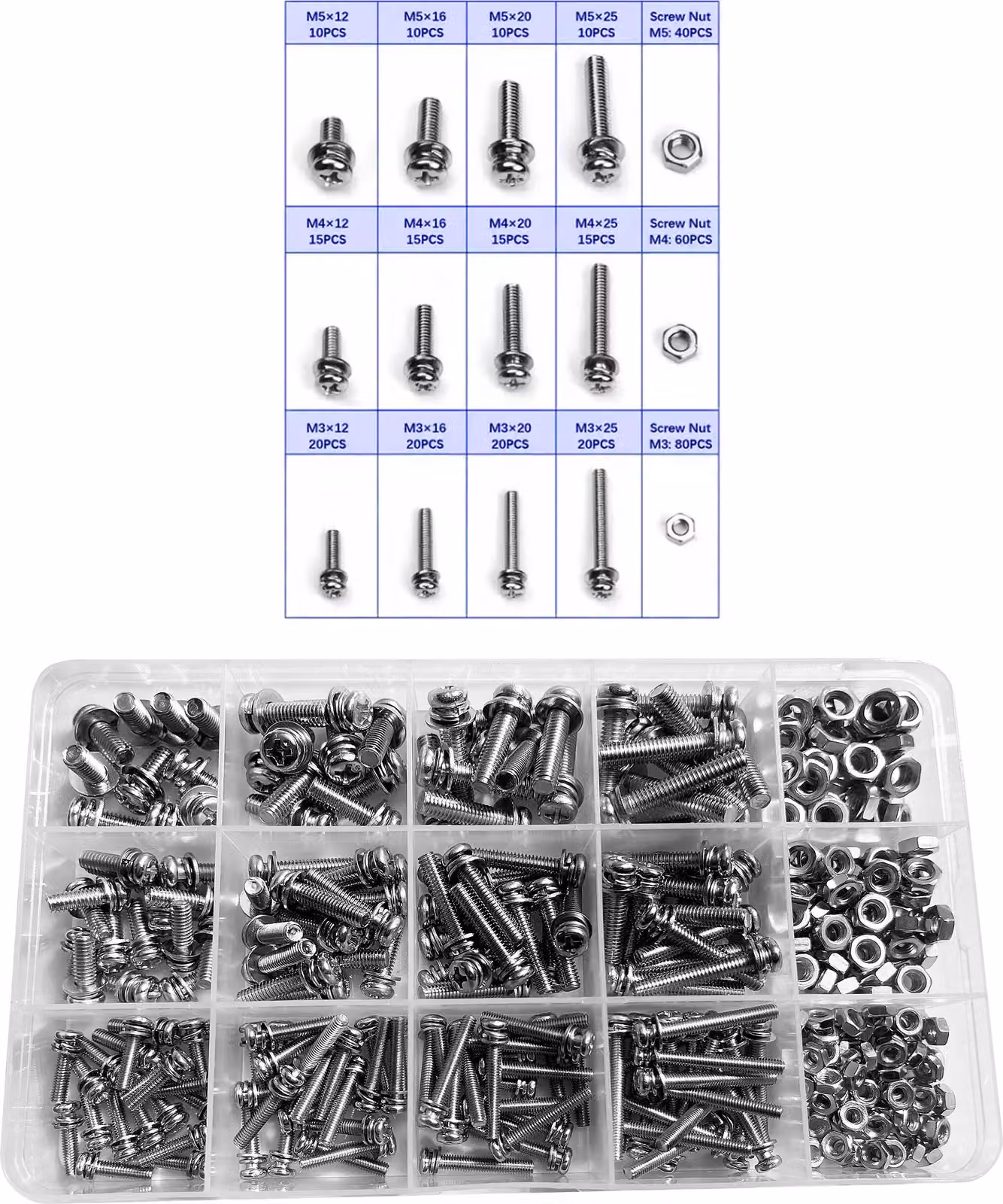 Set di 360 bulloni, dadi e rondelle (testa a croce, M3, M4, M5)
