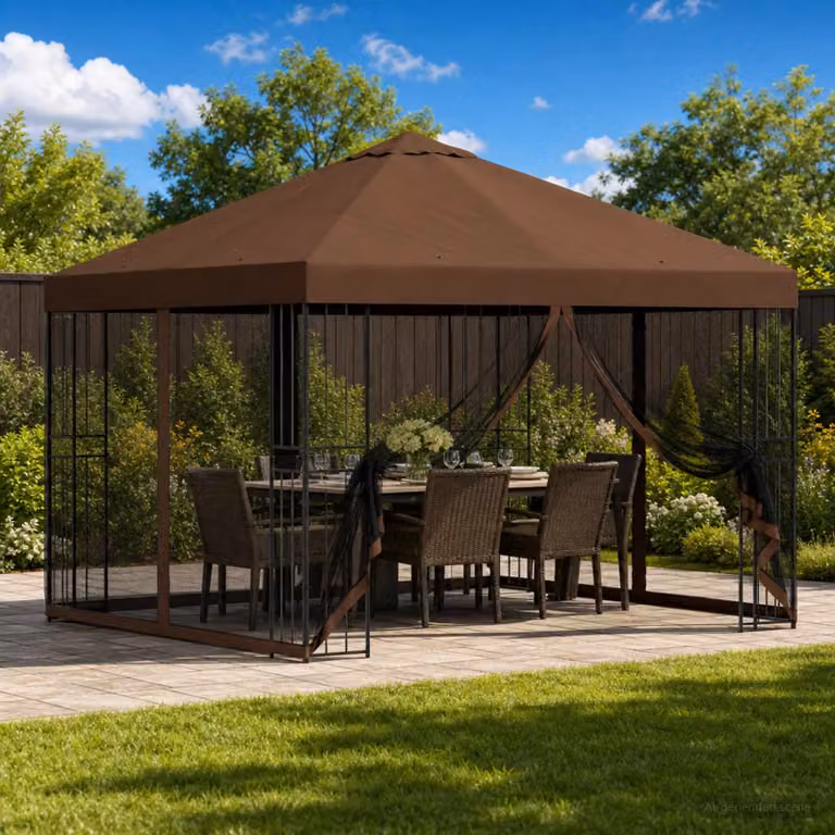 vidaXL Gazebo da giardino moderno con pareti laterali in poliestere e struttura in acciaio galvanizzato, Marrone e Nero, L/P/H: 300 x 300 x 276,5 cm
