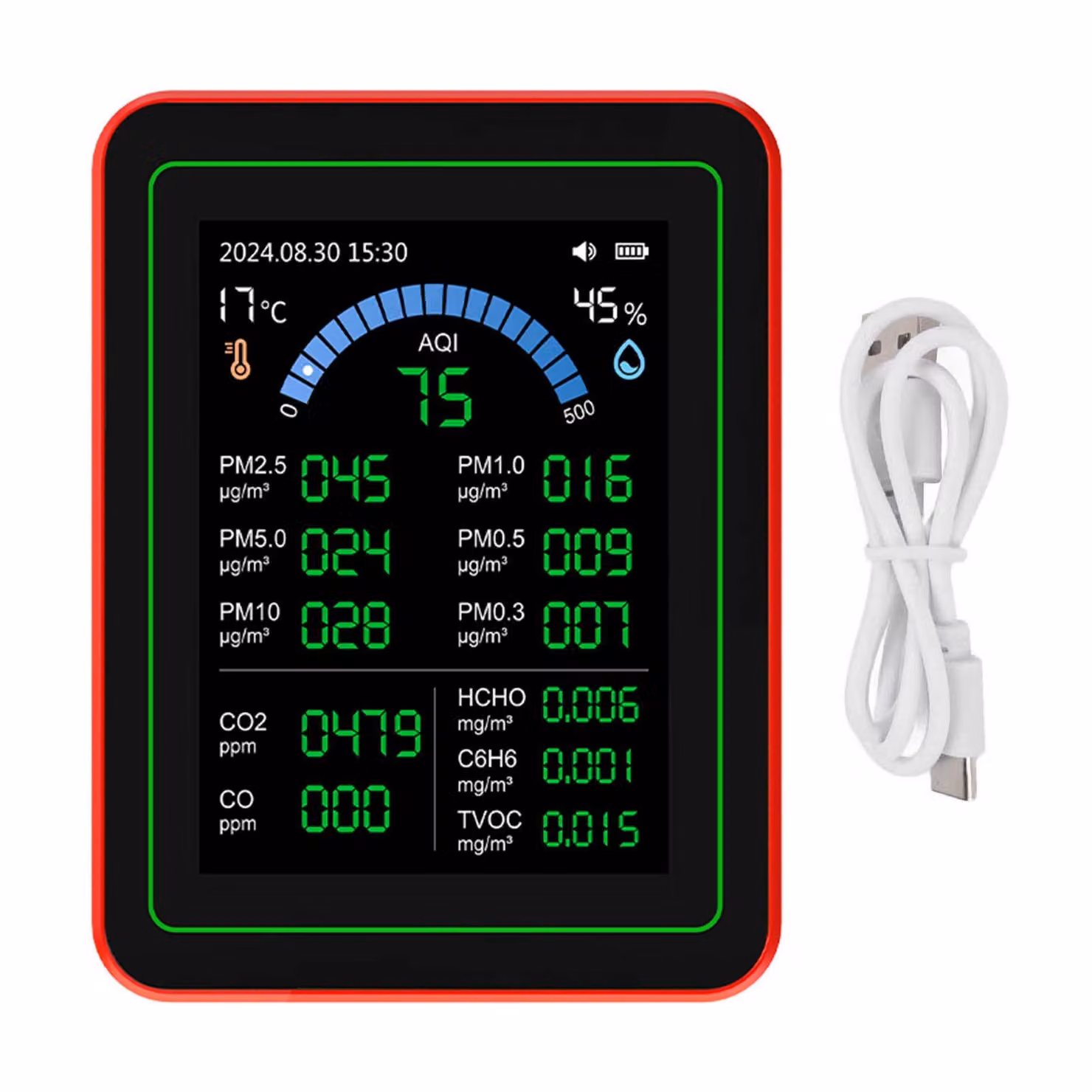 Misuratore della qualità dell'aria, 18 in 1, CO₂, TVOC, HCHO, PM2,5, PM10, rilevatore di temperatura e umidità, con memoria dati alimentato a batteria per uso interno, nero