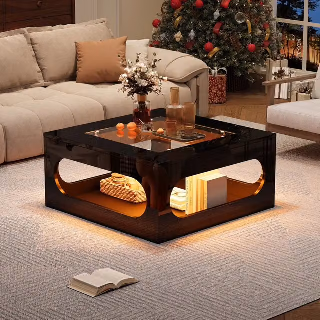 Tavolino da Salotto Quadrato 70x70x35 cm, Nero, MDF con Piano in Vetro Temperato, LED Alta Lucidità, Design Svuotato Centrale