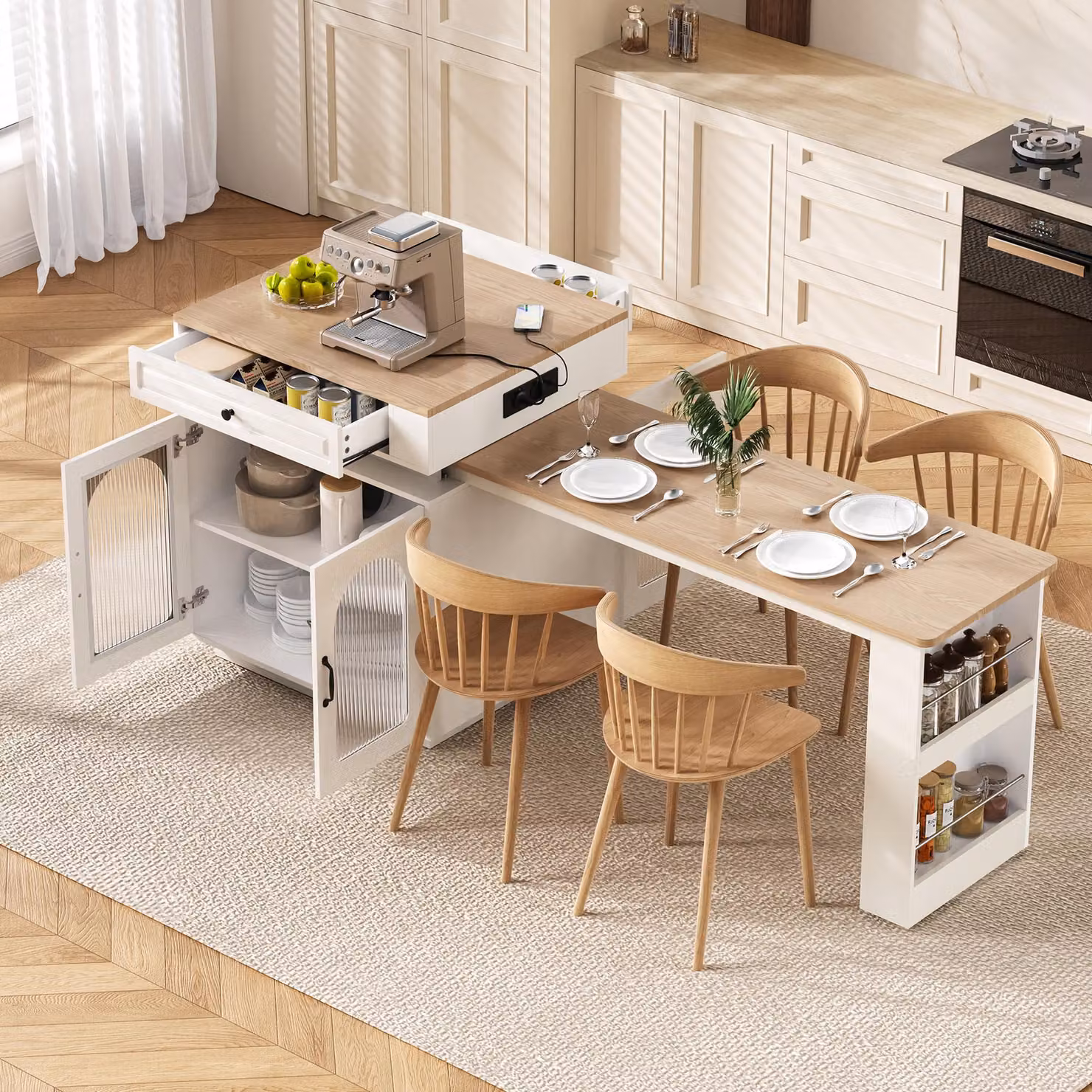 Tavolo allungabile con illuminazione a LED, bancone con prese elettriche, tavolo da cucina/pranzo 128-200x71x92 cm, ideale per cucina e sala da pranzo, colore bianco