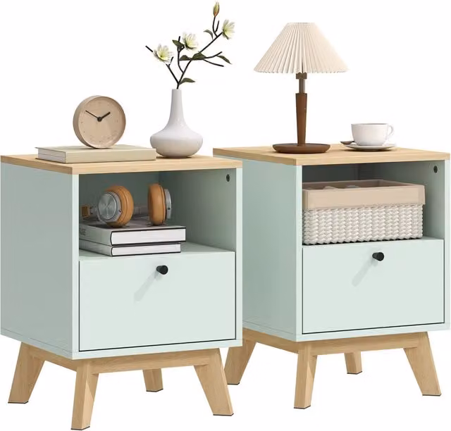 Set di 2 comodini con cassetto Xylo in legno rovere e verde chiaro L/P/H: 40 x 40 x 55 cm