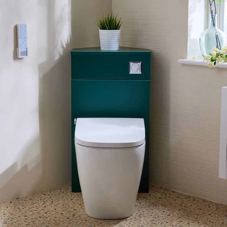 Mobile WC angolare Verde Scuro con smart toilet Hirayu, sanitario + bidet integrato, pulsante cromato - Cluo