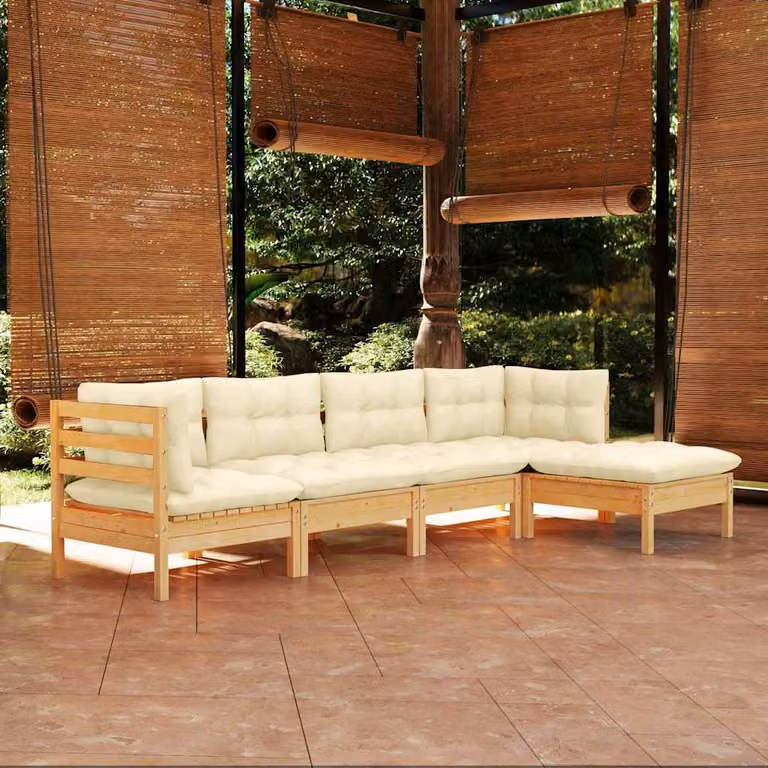 Set Divani da Giardino vidaXL 5 Pezzi in Legno di Pino Massello con Cuscini Beige a Forma di L