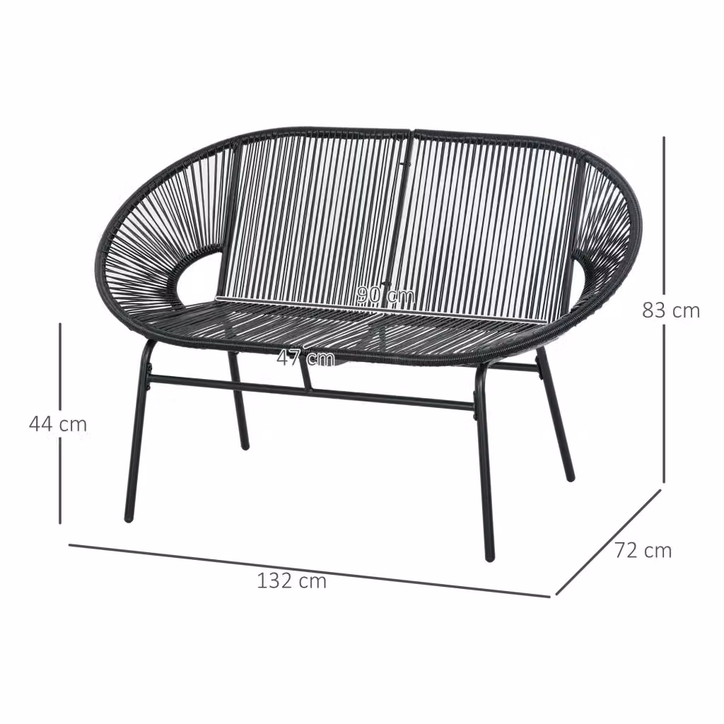 Divano da giardino a 2 posti Mivray in rattan nero con struttura in acciaio verniciato a polvere, L: 132 cm, P: 83 cm, H: 72 cm – 2