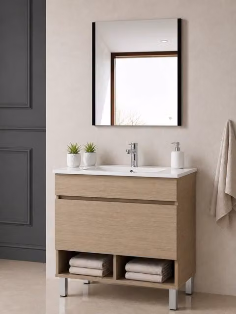Mobile bagno con lavabo extrapiano ORIGENBATH NEBARI con piedini, colore beige/marrone, L: 80 cm, P: 45 cm