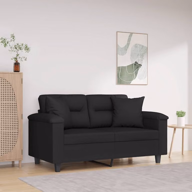 vidaXL Divano a 2 Posti Moderno in Microfibra Nera con Cuscini e Struttura in Metallo L: 150 cm, P: 80 cm, H: 77 cm