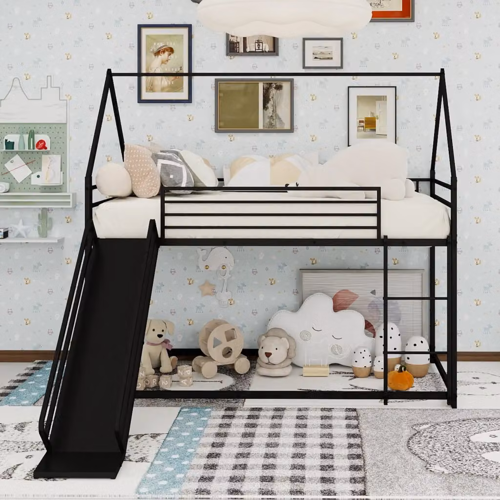 Letto a castello per bambini con struttura a casetta e scivolo in metallo, nero, 90 x 190 cm – 2