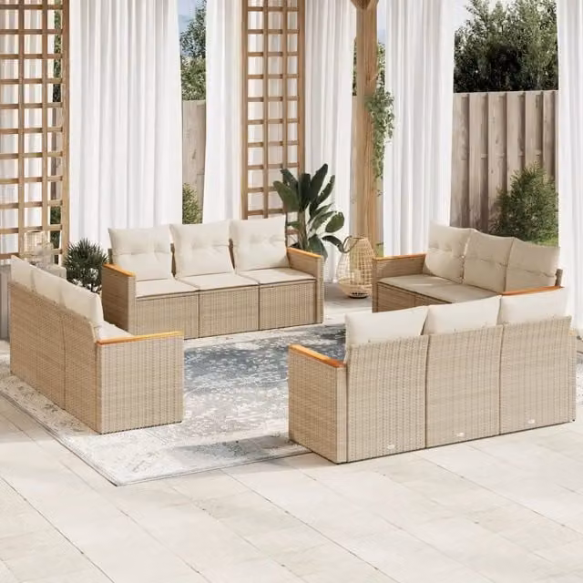 Set di divani da giardino vidaXL a forma di U con cuscini beige e struttura in metallo e rattan resistente ai raggi UV