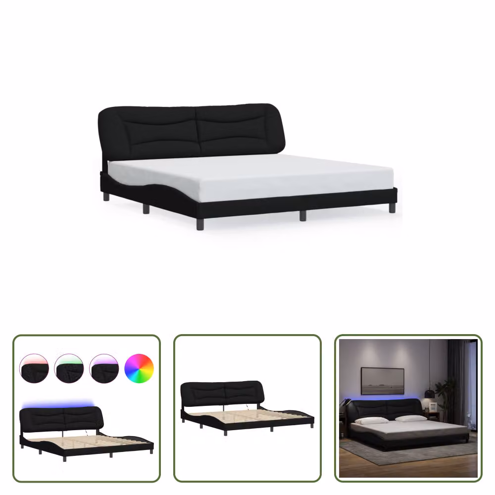 The Living Store Struttura letto con LED in tessuto nero 200x200 cm