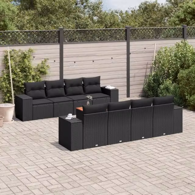 Set Divani da Giardino 9 pz con Cuscini Nero in Polyrattan 3257693