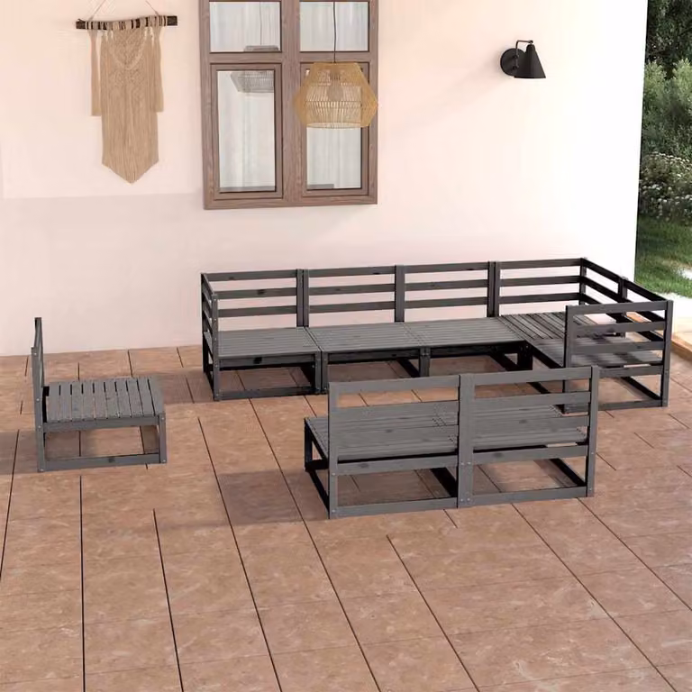 vidaXL Set Divani da Giardino 8 pz a Forma a L in Legno di Pino con Cuscini Grigio