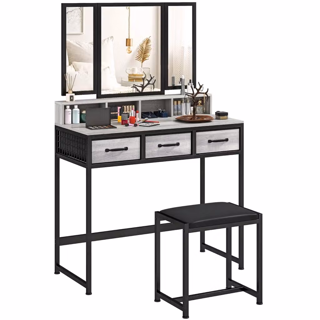 Cassettiera per Trucco Minimal con Specchio e Sgabello Grigio con 3 Cassetti – 2