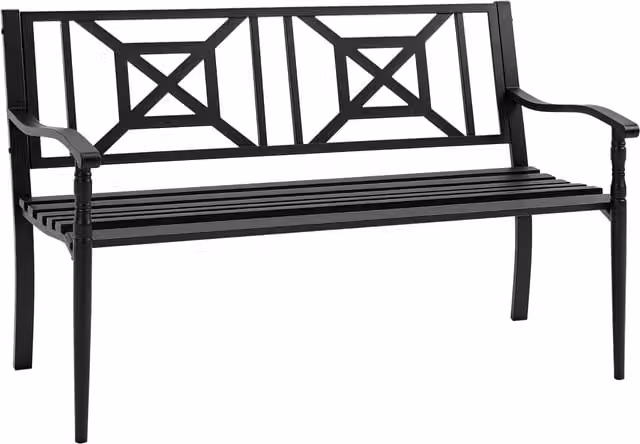 Panchina da giardino Aosom in acciaio nero per 2 persone con schienale alto e braccioli L: 128 cm, P: 62.5 cm, H: 81.5 cm – 1