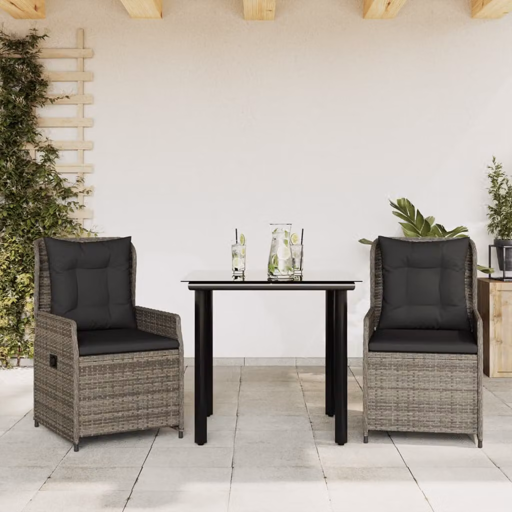 Set da Pranzo da Giardino 3 pz vidaXL in Polyrattan Grigio e Nero con Piano in Vetro – 1