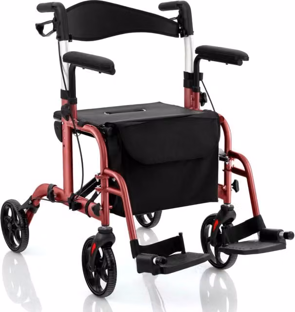 Deambulatore 2-in-1 con ausilio per camminare pieghevole e sedile grande-Deambulatore porta ombrello e borsa per persone con disabilit¨¤ Rosso