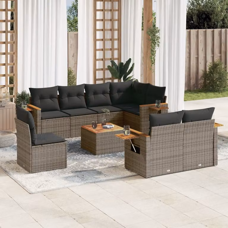 vidaXL Set Divano da Giardino 9 pz in Polyrattan Grigio con Cuscini e Tavolino da Caffè