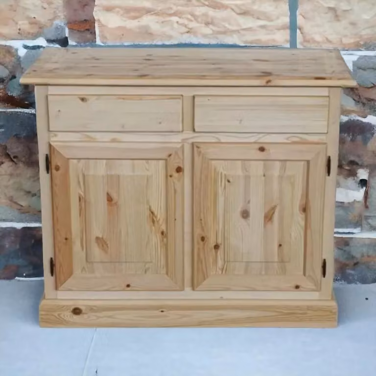 Credenza Mobili 2G in legno massello di pino grezzo con 2 porte e 2 cassetti, L: 105 cm, P: 42 cm, H: 85 cm