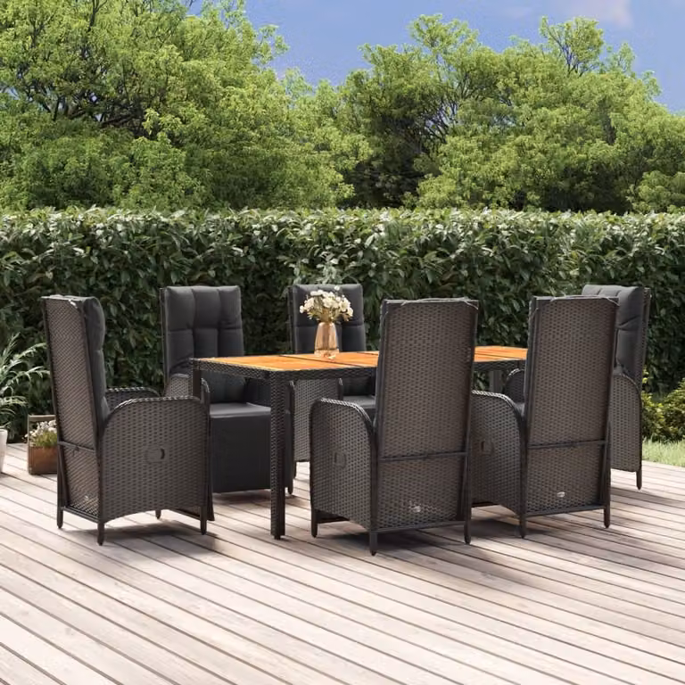 The Living Store Set da pranzo da giardino 7 pezzi con cuscini in polirattan nero