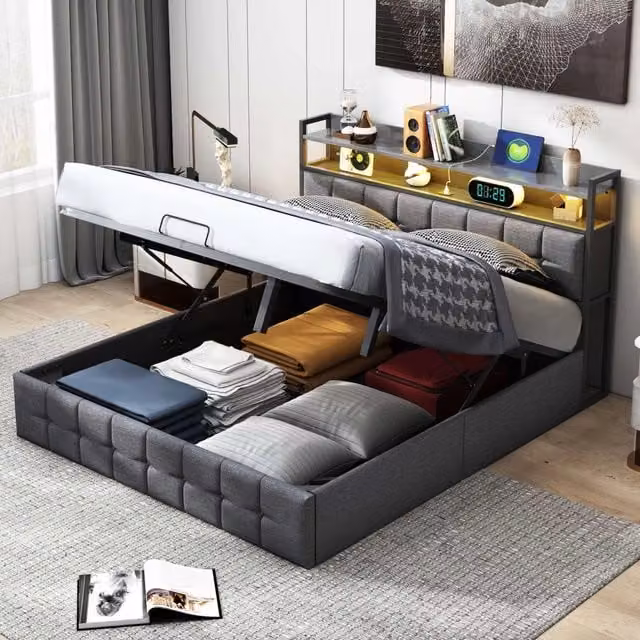 Letto Matrimoniale Contenitore 140x190 cm; Imbottito con Sollevamento a Gas LED; Testiera Stoccaggio; Struttura Letto Matrimoniale; Lino Grigio