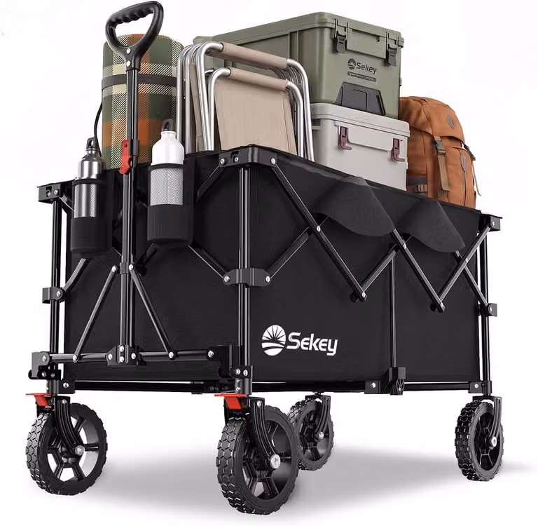 Carrello pieghevole per massi da 200 litri, con capacità di carico di 150 kg, ideale per terreni accidentati e dotato di freni
