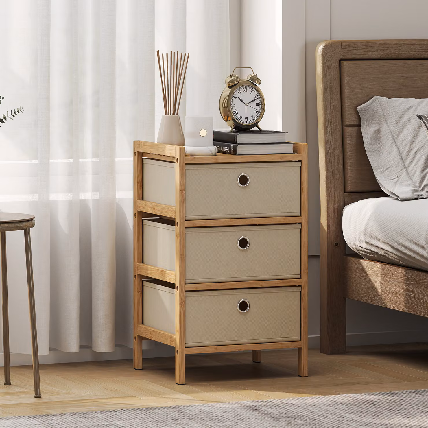 Cassettiera HOMCOM con 3 cassetti in tessuto e struttura in bambù, colore crema e naturale – 2