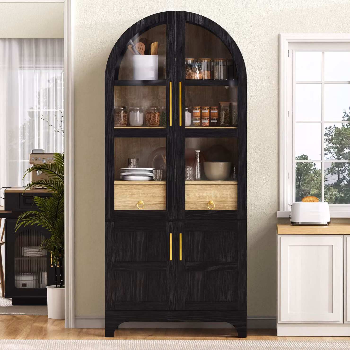 Mobiletto da cucina Flieks con ripiani regolabili, cassetto, mobiletto alto con vetro smerigliato, ampio spazio di stoccaggio, mobiletto alto per sala da pranzo o soggiorno, colore nero