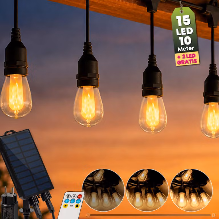 LUMILED Catena luminosa solare da esterno 15 m, 15 LED + 2 lampadine di ricambio, effetto fiamma, per giardino, IP65, impermeabile, 2 in 1 con pannello solare, alimentazione tramite telecomando, illuminazione per terrazza e balcone, luce bianca calda, lam
