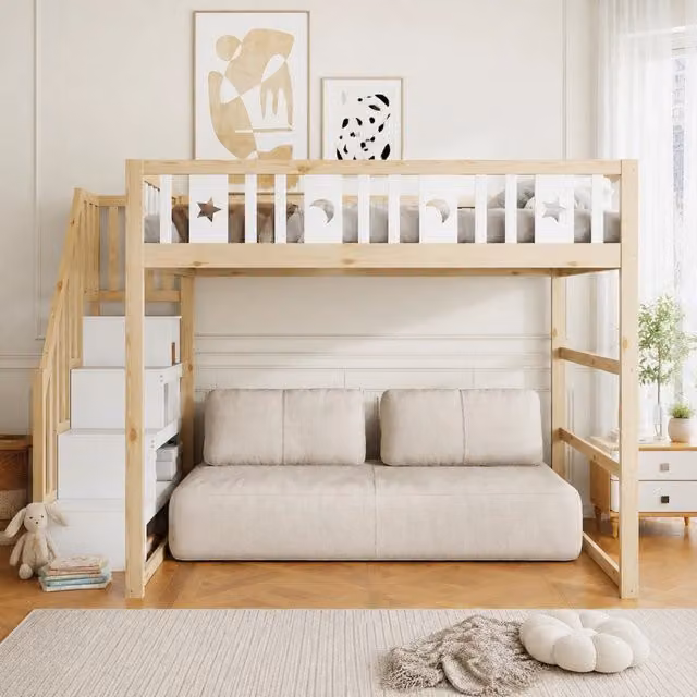 Letto a castello per bambini 140x200 in legno massiccio con scala, sponda di sicurezza e decorazioni a stelle e luna
