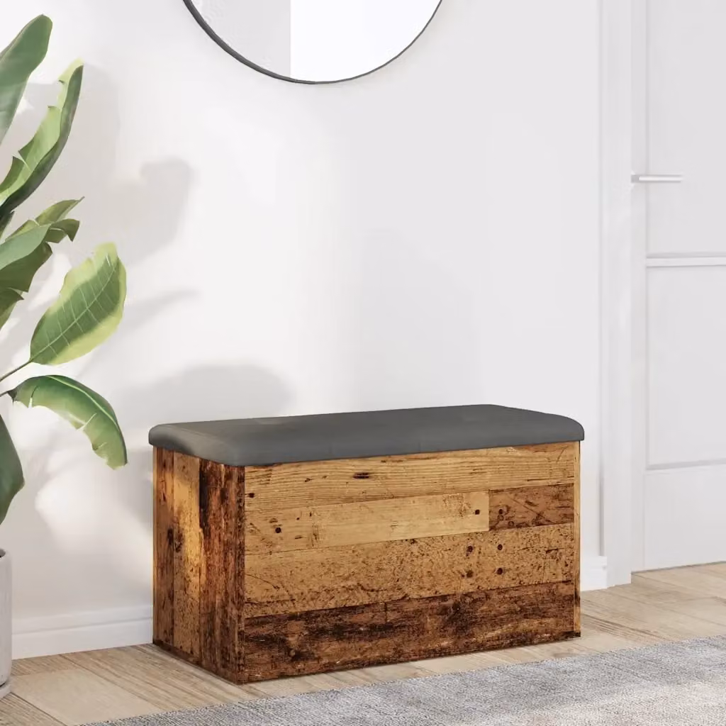 Panca Portaoggetti in Legno Antico e MDF con Seduta in Tessuto, L 82 cm x P 42 cm x H 45 cm, Colore Marrone e Grigio – 2