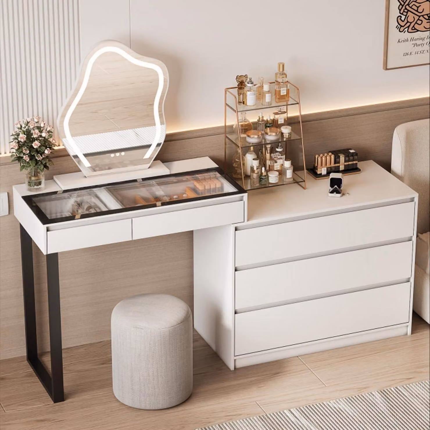 Comò da trucco con illuminazione a LED, specchio, 5 cassetti, piano in vetro, colore bianco, forma a L, estendibile da 80 a 120 cm