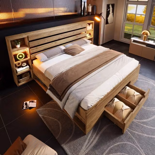 Letto matrimoniale 180x200 effetto rovere con contenitore; cassetti; LED e prese USB-C
