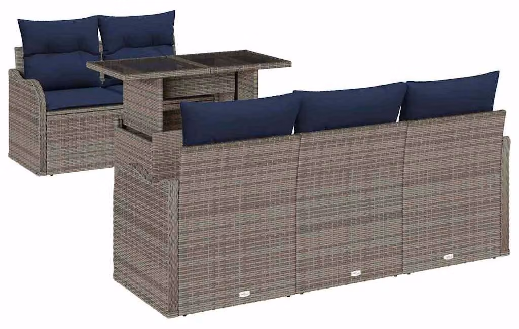 Set di divani da giardino, 6 pezzi, grigio e blu navy, in rattan sintetico
