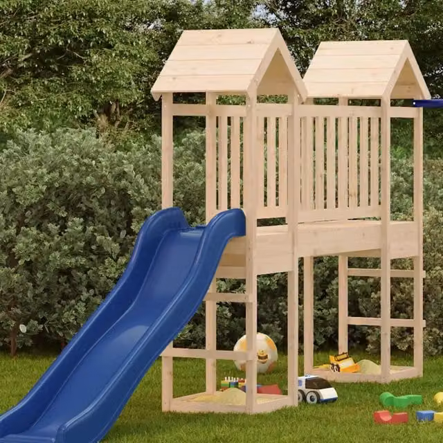 Torre da Gioco Multicolore in Legno Massello di Pino con Scivolo e Altalena CFW5262625 L/P/H: 53 x 46,5 x 194 cm