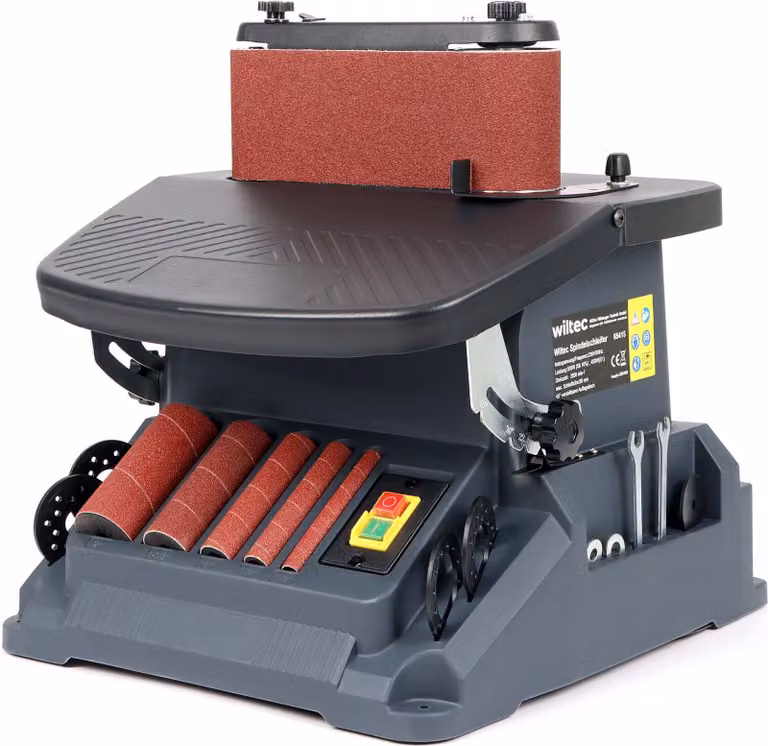 Levigatrice a mandrino oscillante Wiltec 500 W inclinabile fino a 45°, levigatrice a nastro con 5 manicotti di levigatura e corsa di oscillazione di 16 mm, levigatrice per bordi con 2000 giri/min per levigatura a nastro e a mandrino