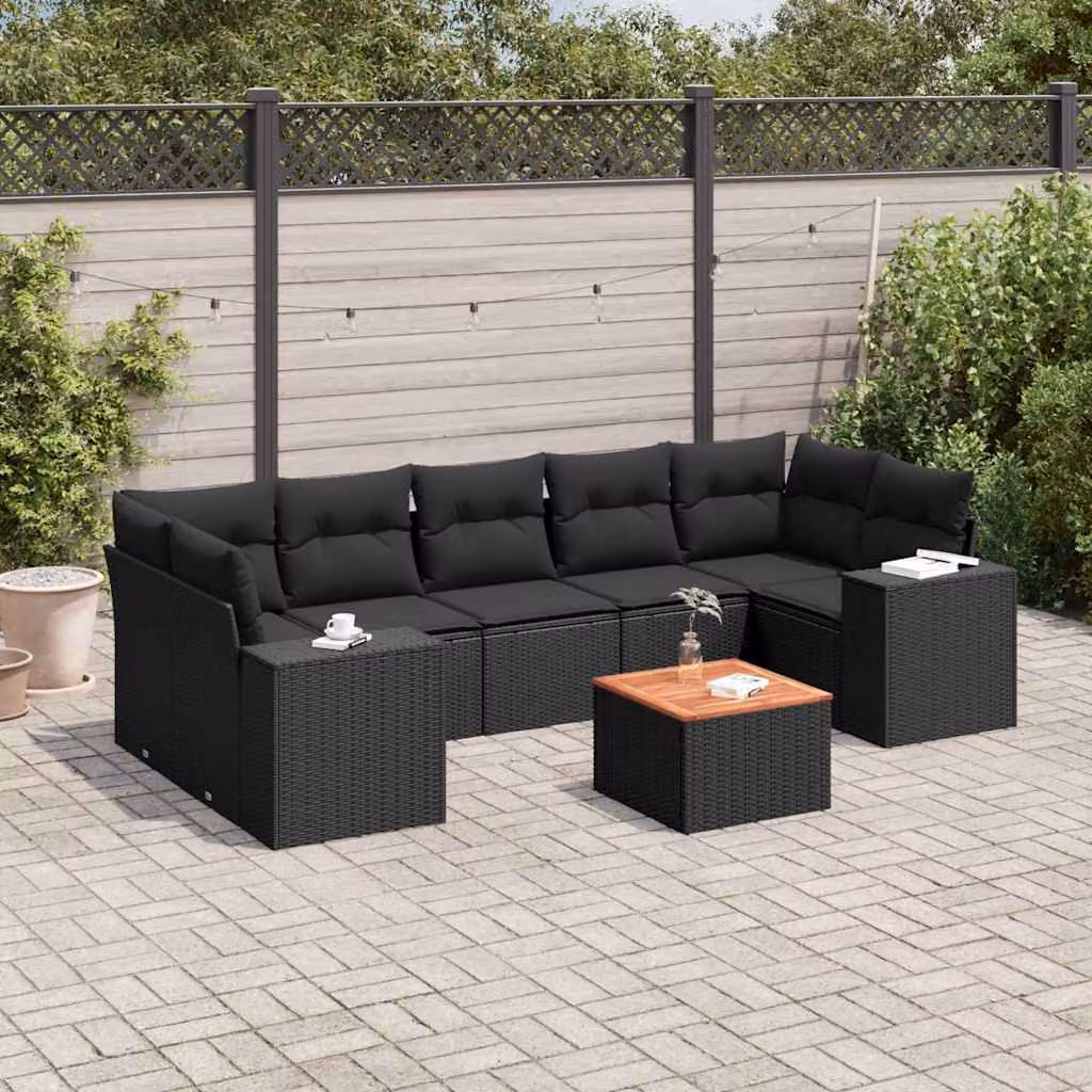 vidaXL Set Divani da Giardino a L in Polyrattan Nero con Cuscini e Tavolino da Esterno – 1