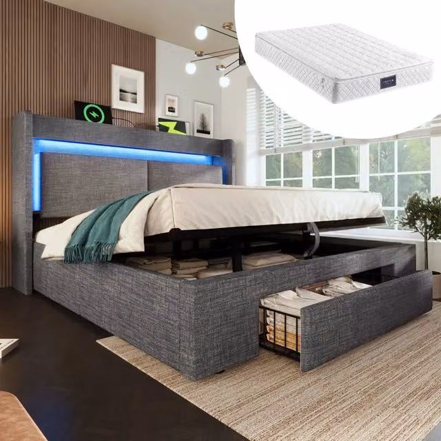 Letto matrimoniale WISHDOR con contenitore idraulico, testiera con ricarica USB/USB-C, luci LED e materasso incluso, Grigio, L/P/H: 140 x 200 x 151 cm