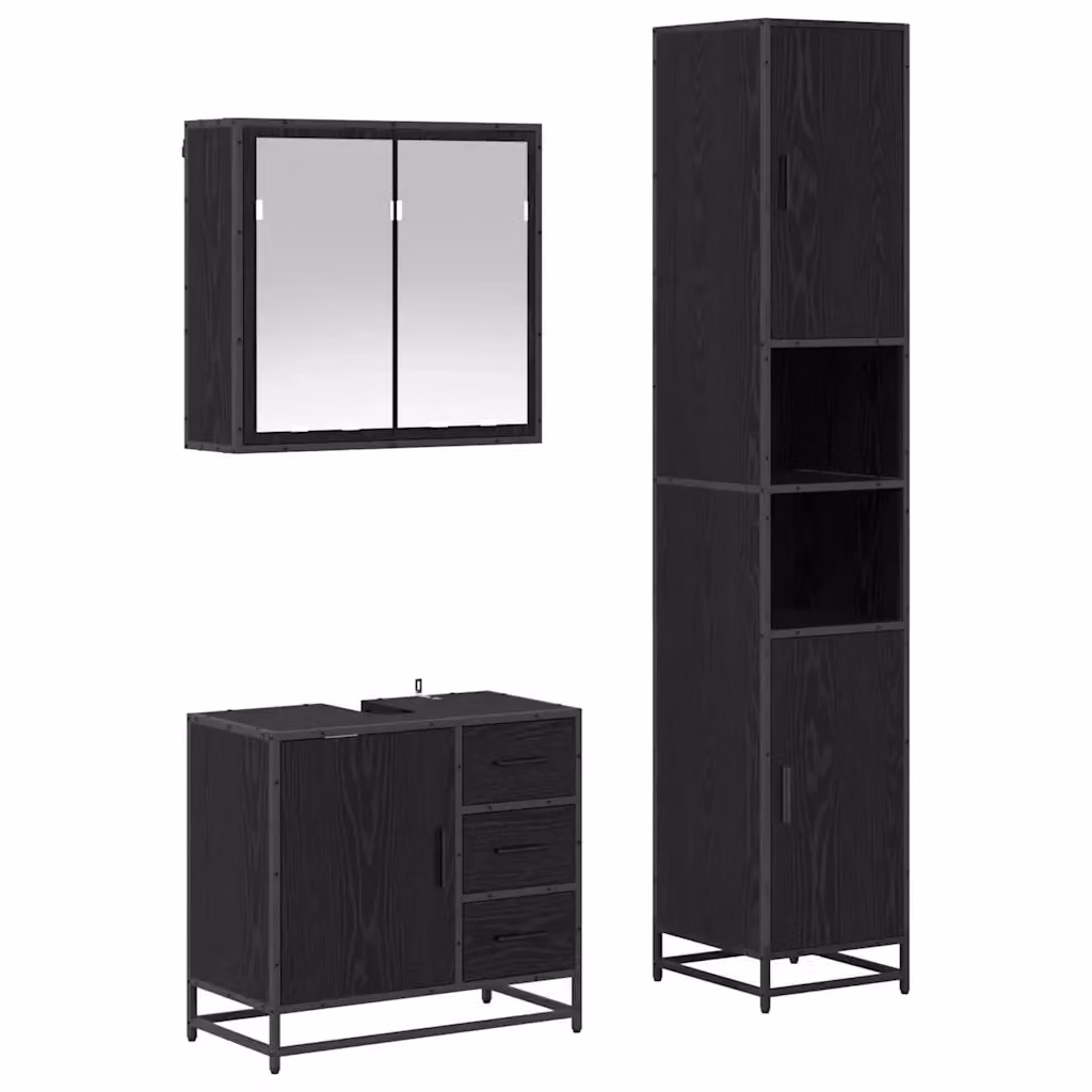 Set di mobili per il bagno vidaXL 3 pezzi in rovere e nero con mobileto specchiato e base lavabo – 2