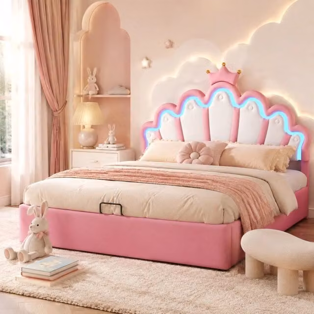 Letto contenitore Mivray con illuminazione LED e testiera imbottita in similpelle rosa L/P: 140 x 200 cm