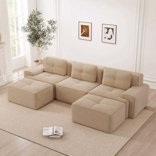 Divano modulare a U senza montaggio con seduta profonda e base antiscivolo in velluto a coste beige