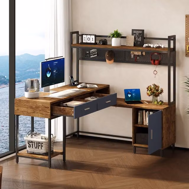 Scrivania Angolare REDOM in MDF e Metallo, Colore Nero e Marrone, L/P/H: 140 x 140 x 135 cm – 1