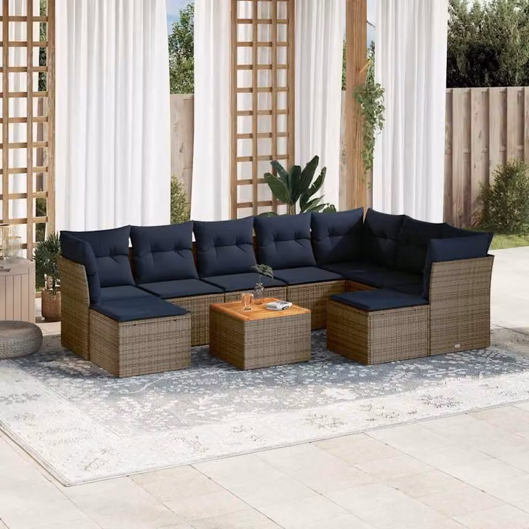 Set di divani da giardino vidaXL in polyrattan grigio con cuscini, tavolino e pouf per esterno