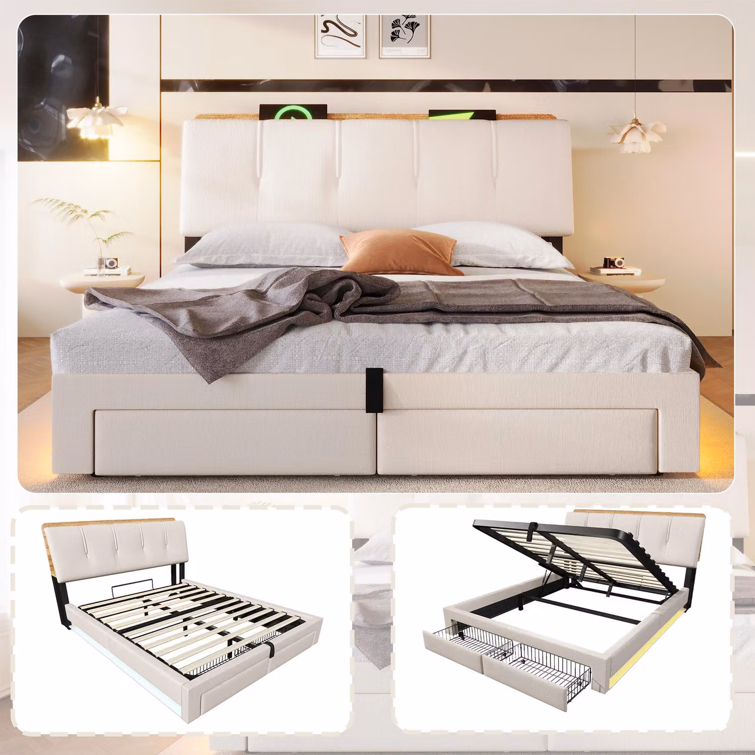 Letto imbottito 140x200 cm con spazio contenitore a sollevamento idraulico, porte USB e di tipo C, illuminazione LED, cassetti e testiera contenitore, rivestito in lino