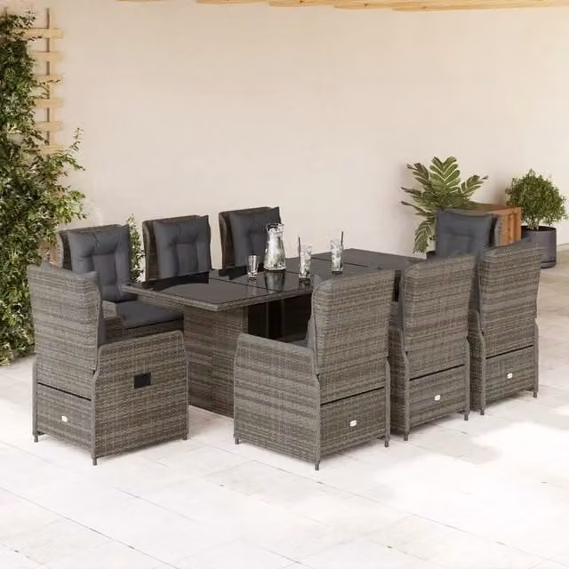 Set da pranzo da giardino vidaXL in polyrattan grigio con tavolo in vetro e 9 pezzi