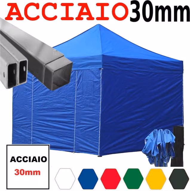 Gazebo 3x3 m blu pieghevole portatile estendibile richiudibile estensibile acciaio con laterali per fiere eventi stand chiosco tenda tendone mercato mercatino