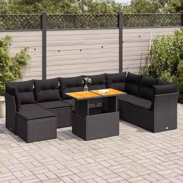 Set Divani da Giardino 9 pz con Cuscini Nero in Polyrattan 3326960