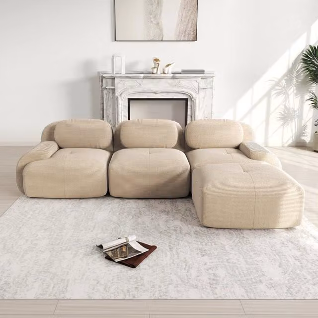 Divano Angolare Modulare ¨C MINIMAL ¨C Tessuto a Coste, Beige, Braccioli Larghi, Imbottito