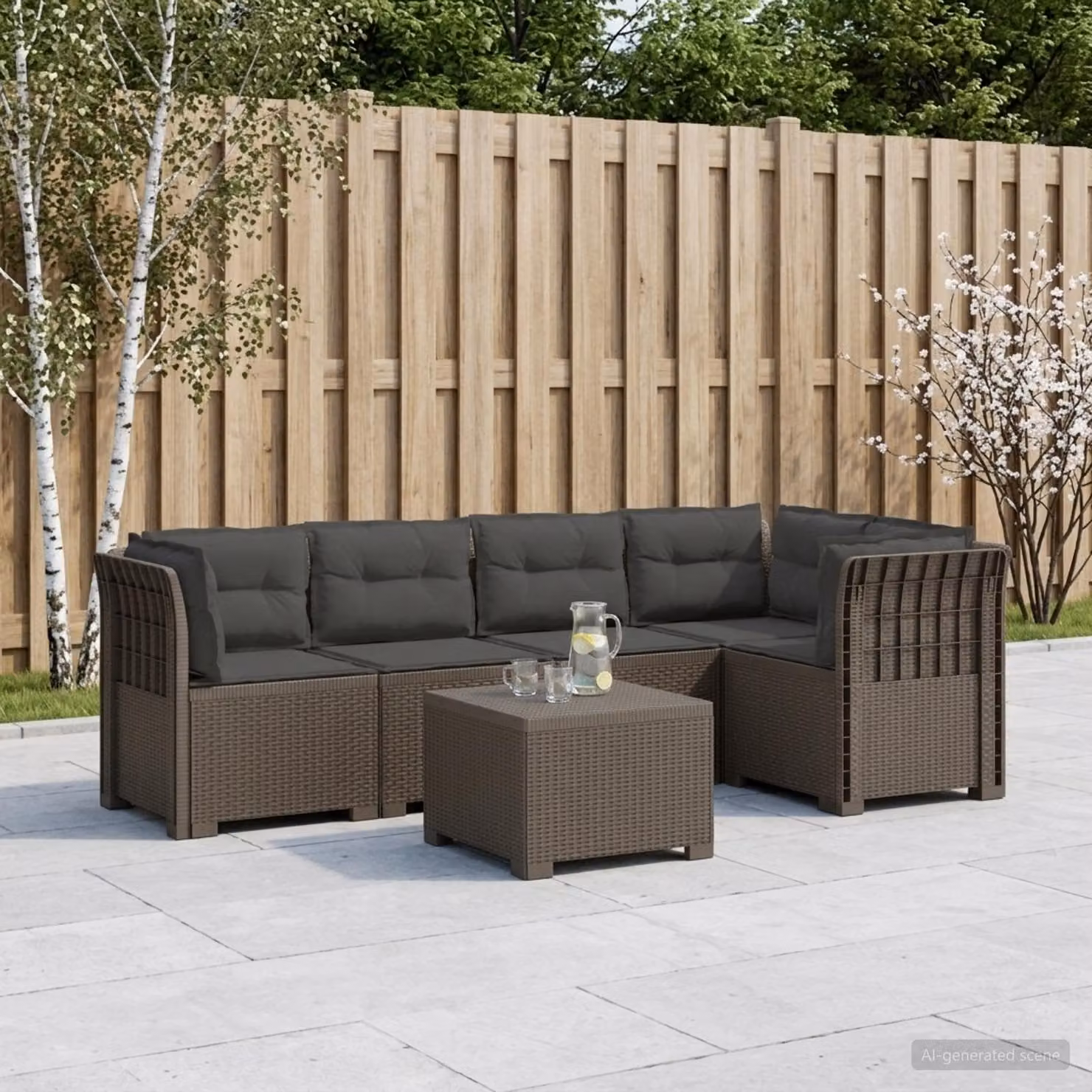 Set da giardino vidaXL a forma di L con divani, tavolino e cuscini in polyrattan grigio antracite